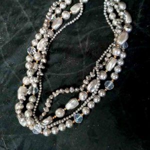 VTG GRAY FAUX FRESH WATER PEARL 4 STRAND CHOKER NECKLACE WITH CRYSTALS AND BEADS